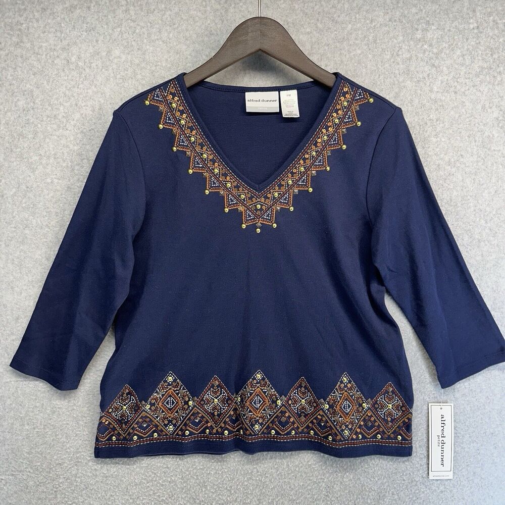 Alfred Dunner Petite Womens Blouse Size PM Blue V-Neck Long Sleeve New Tags